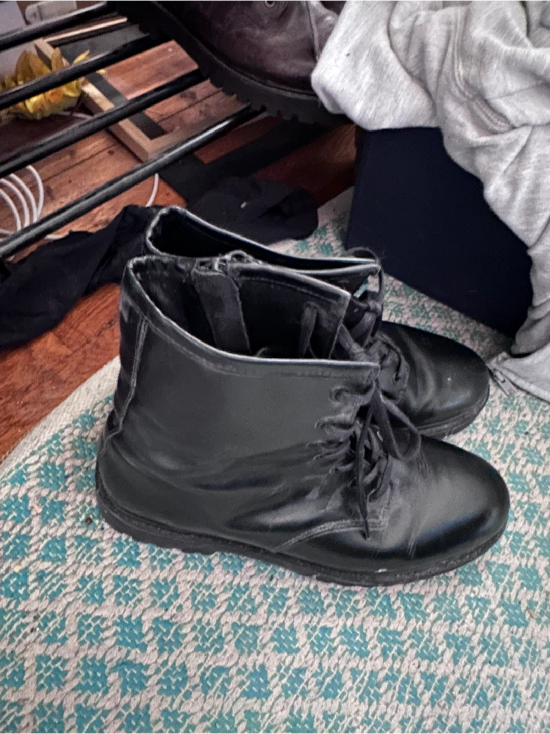 Black Leather Lace-Up Combat Boots - photo 2