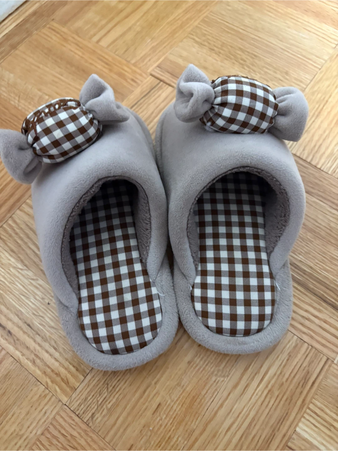 Grey Plush Slippers with Brown Gingham Bows