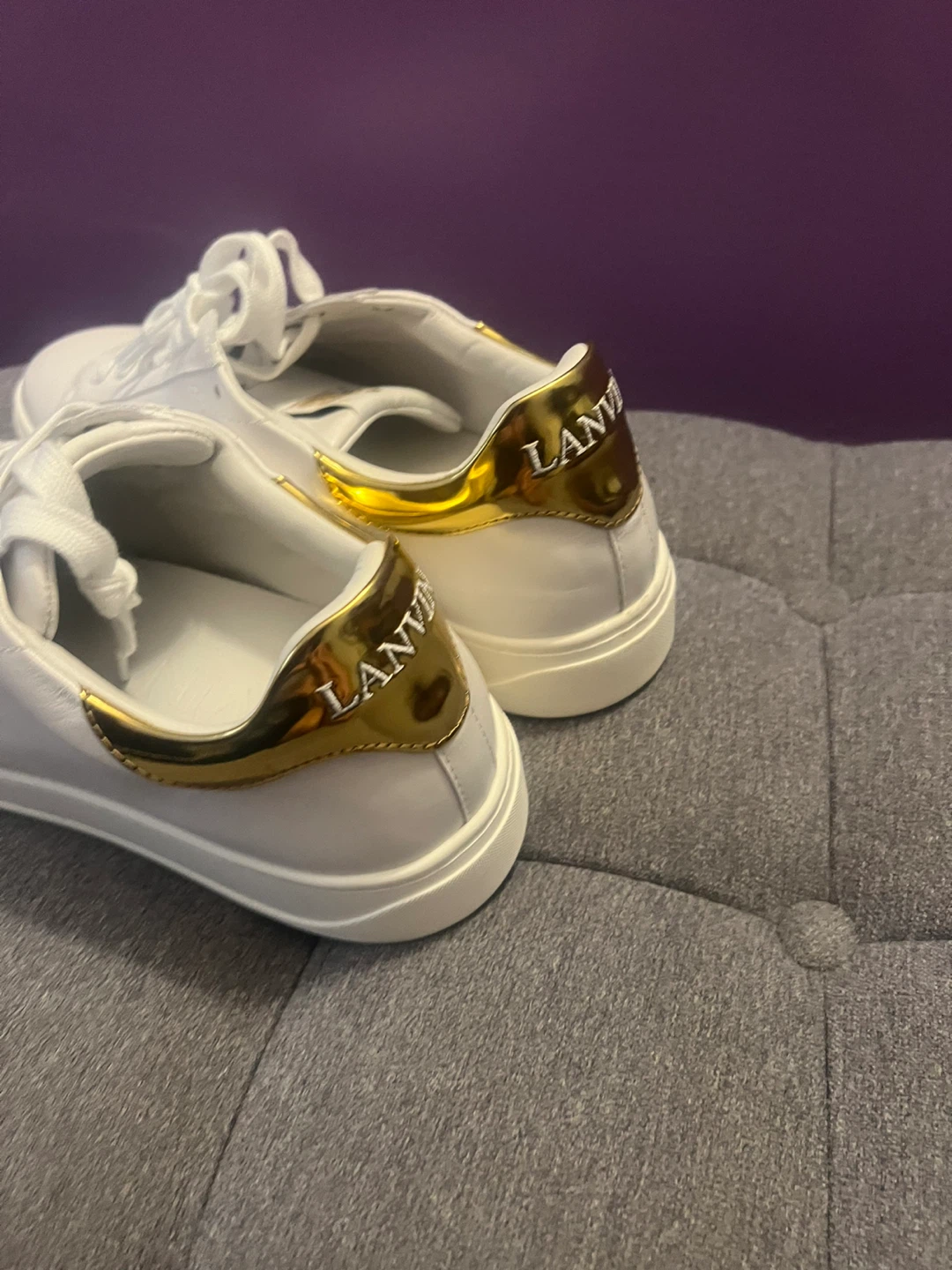 Lanvin White Leather Low Top Sneakers with Gold Heel Detail