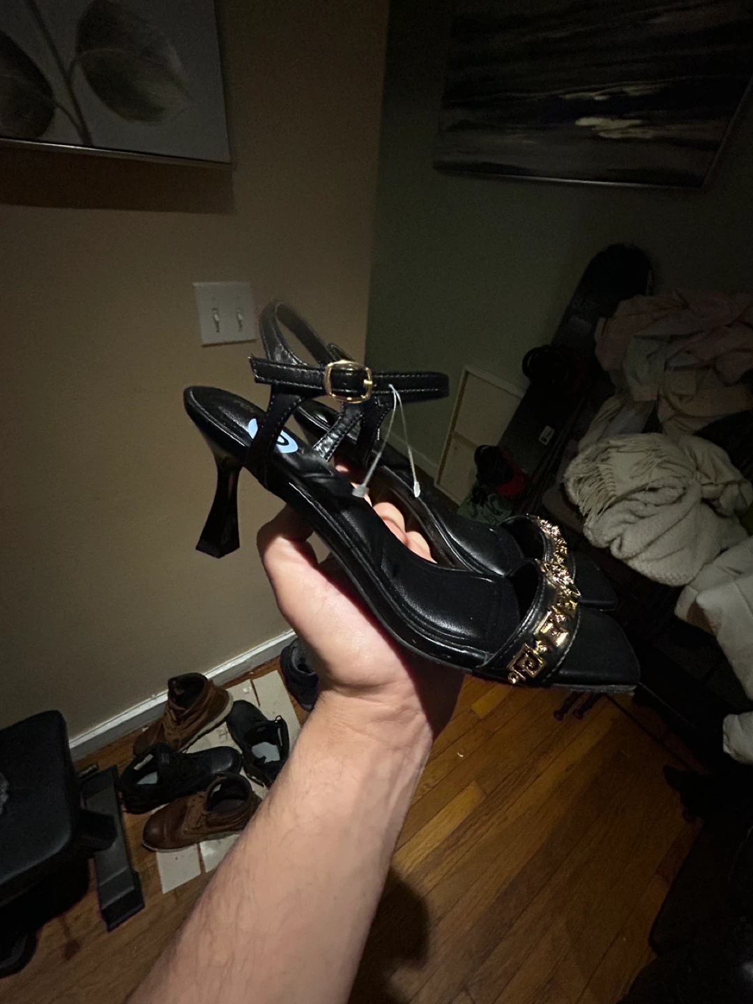 Black Heeled Sandals with Gold Embellishments - photo 2