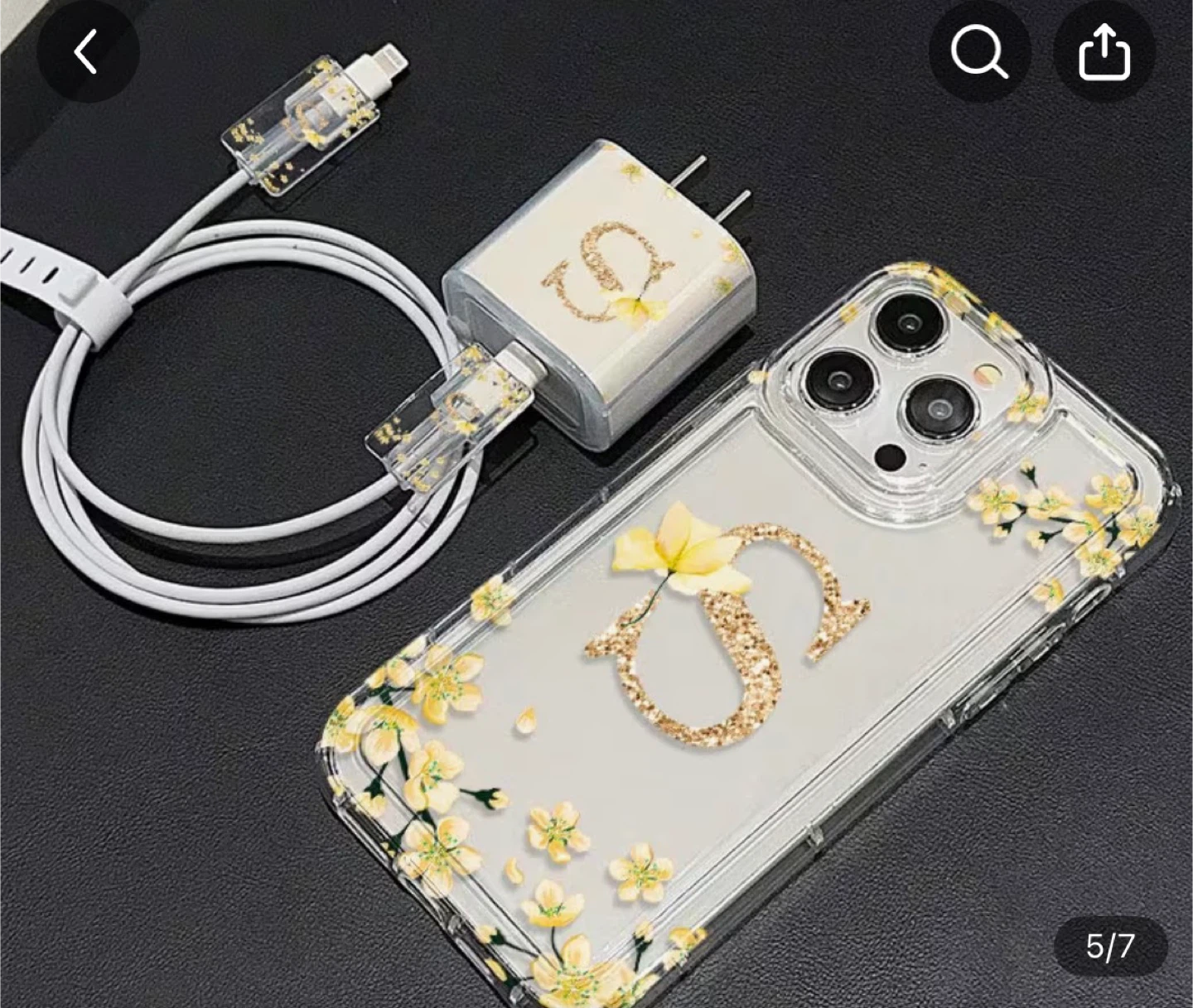 iPhone 16 Clear Floral Letter S Phone Case & Charger Set