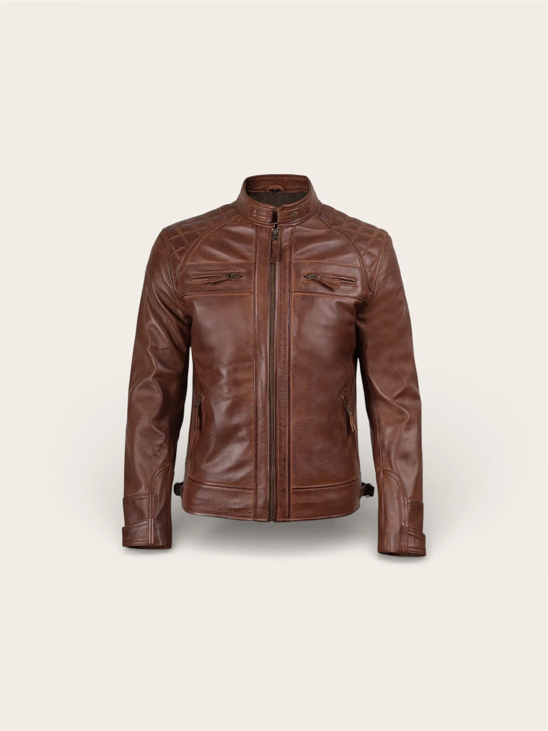 Brown Leather Cafe Racer Jacket - photo 4