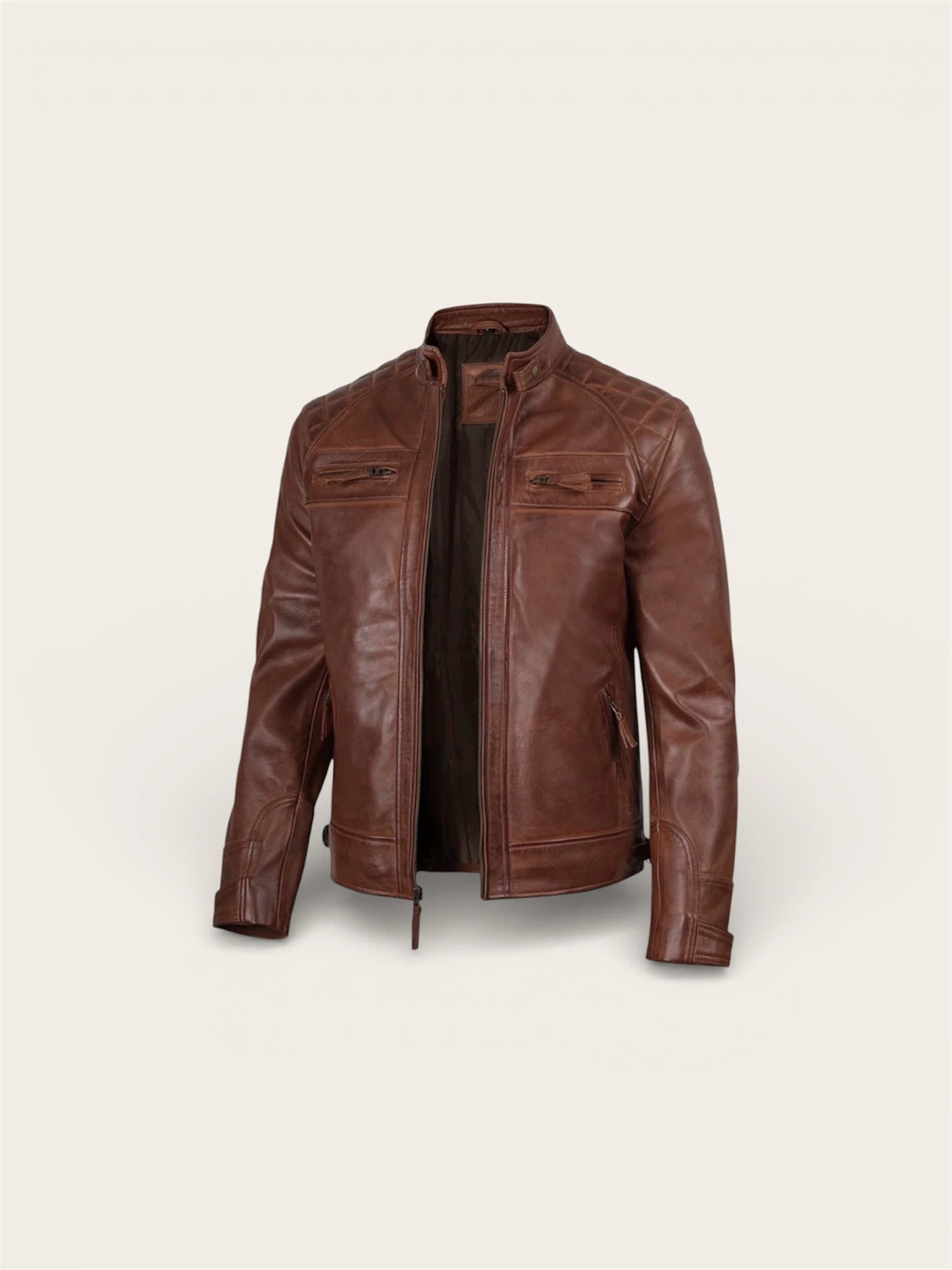Brown Leather Cafe Racer Jacket - photo 3