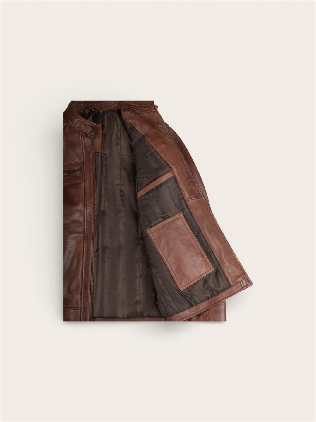 Brown Leather Cafe Racer Jacket - photo 2