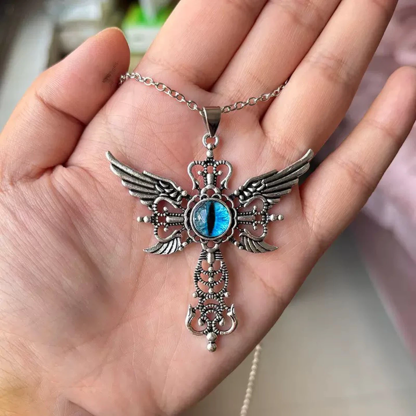 Winged Eye Cross Pendant Necklace evil eye