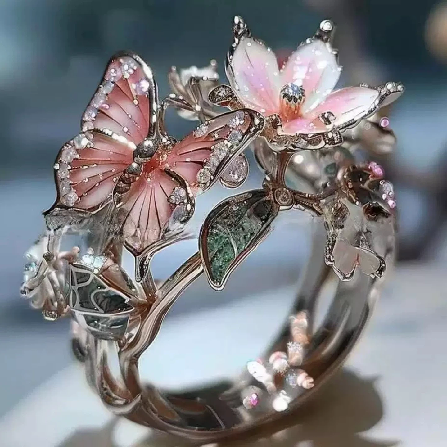Pink Butterfly and Flower Ring
