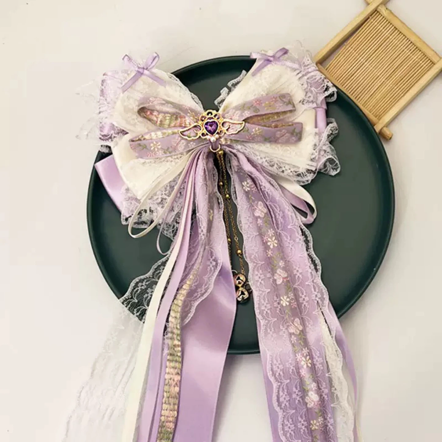 Purple Bow Hair Clip with Lace and Charms lolita