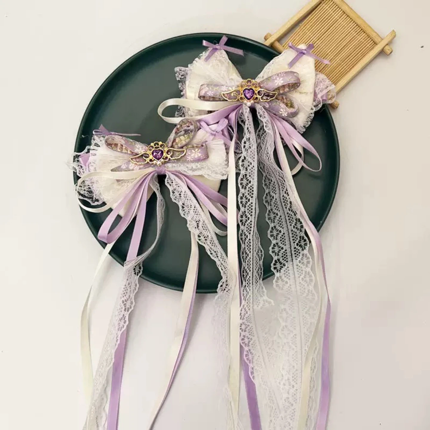 Lace Bow Hair Clips with Purple Gem Lolita