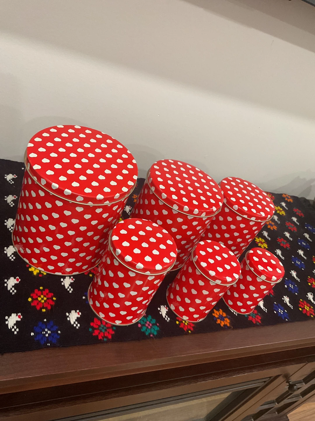 Set of 6 Red & White Heart Design Storage Tins