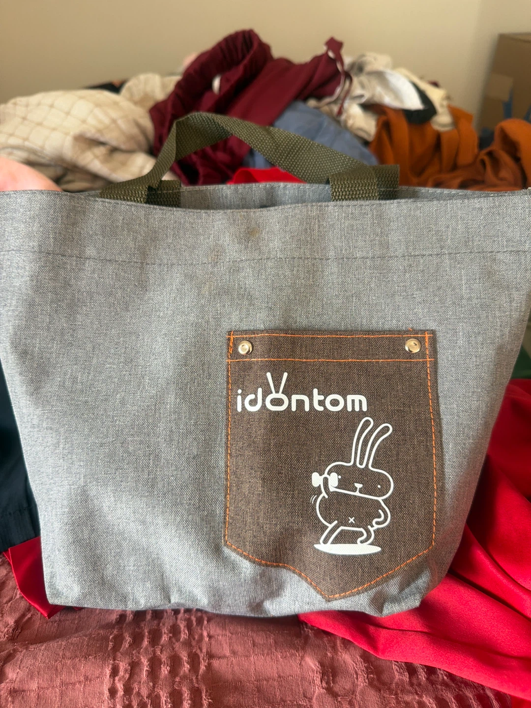 Idontom Grey Tote Bag with Bunny Pocket