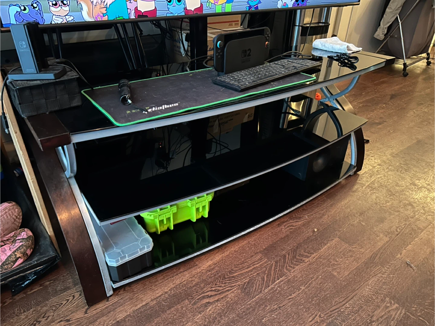 Black TV Stand with Glass Shelves