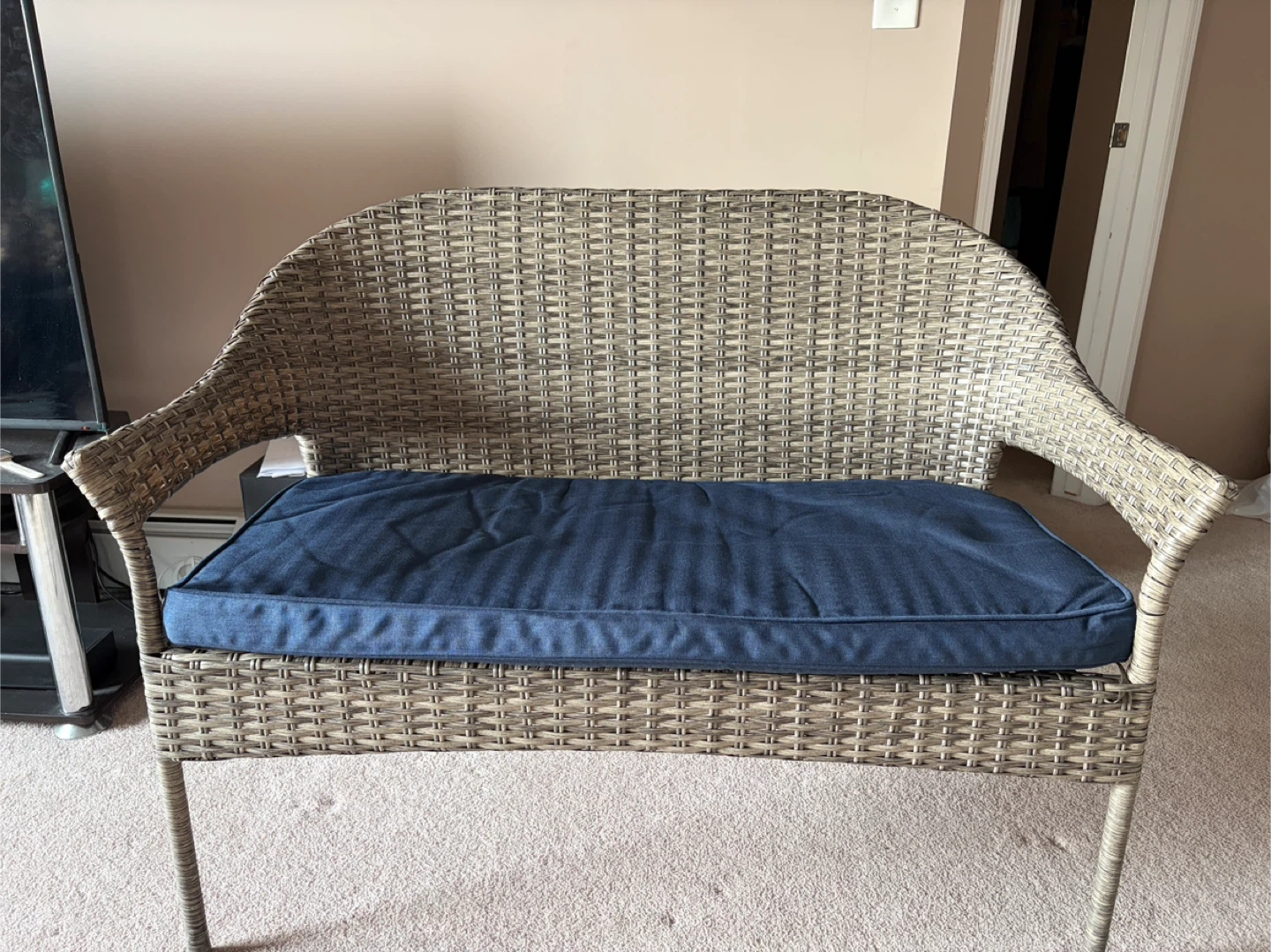 Wicker Loveseat with Navy Blue Cushion - photo 2