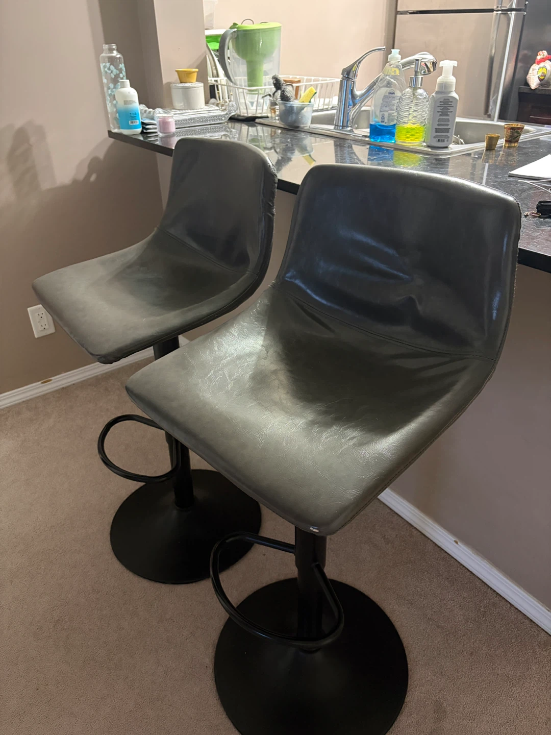 Set of 2 Grey Faux Leather Adjustable Bar Stools