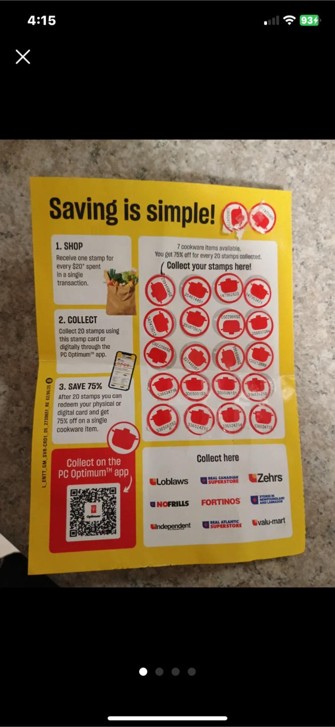 PC Optimum Cookware Stamp Card Sheet