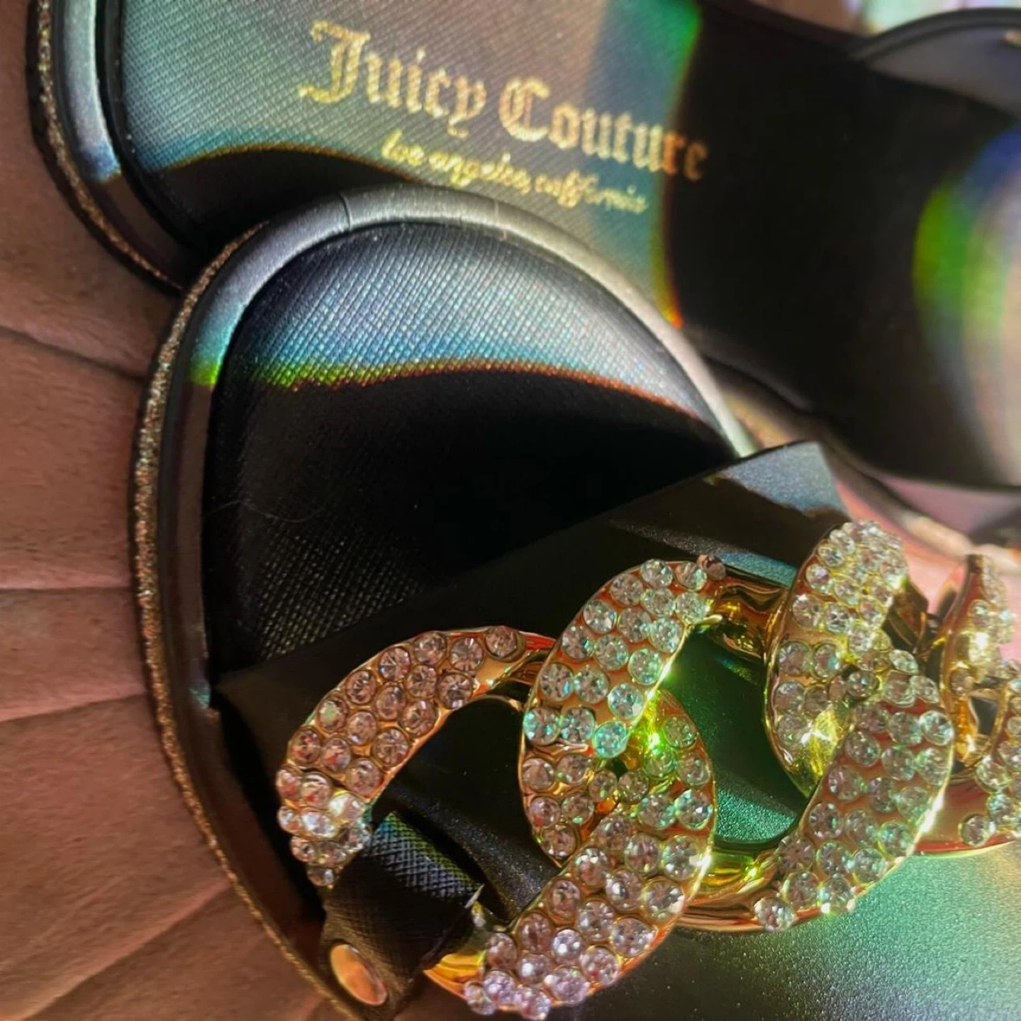 Juicy Couture Black Slides with Rhinestone Chain - photo 2