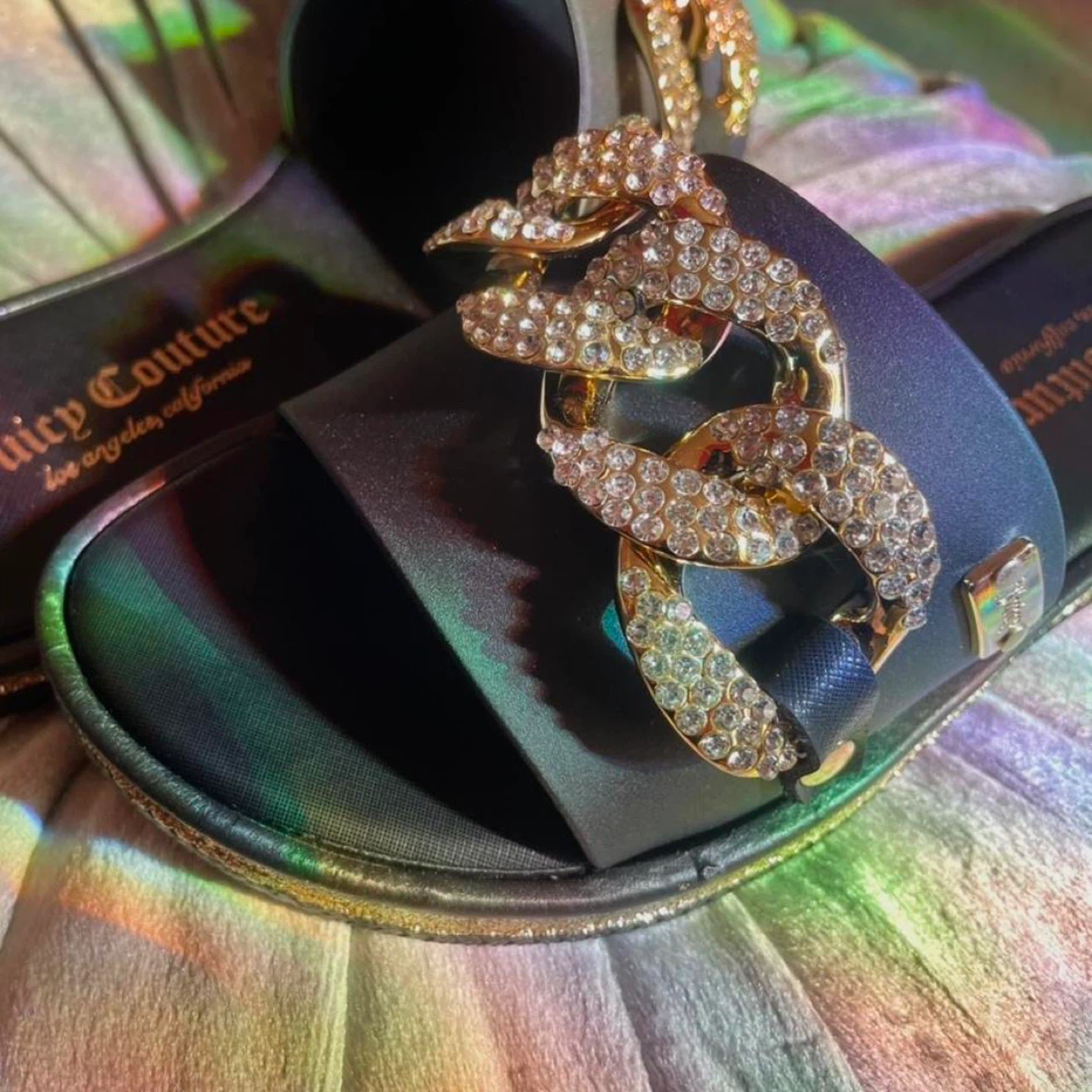Juicy Couture Black Slides with Rhinestone Chain
