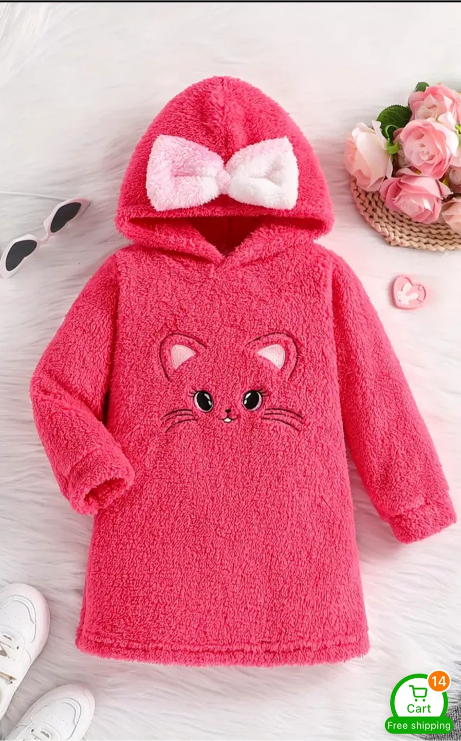 Kids Pink Fuzzy Cat Hoodie Dress with Bow