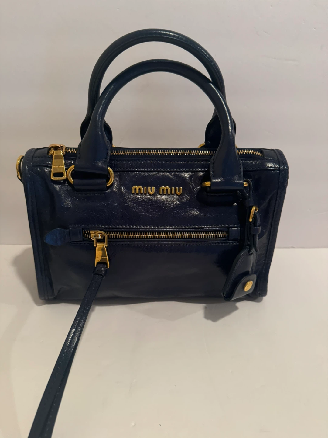 Miu Miu Vitello Shine Leather Top Handle Satchel – Navy Blue