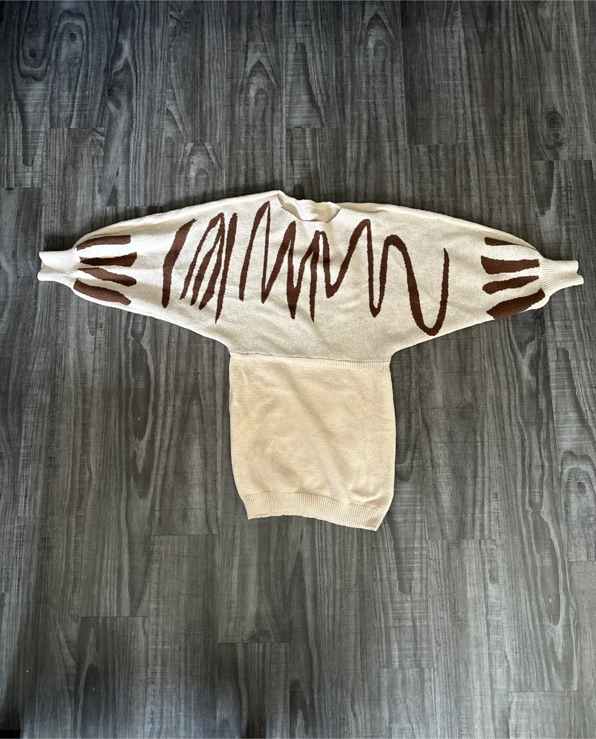 Women's Beige Knit Sweater with Brown Abstract Design