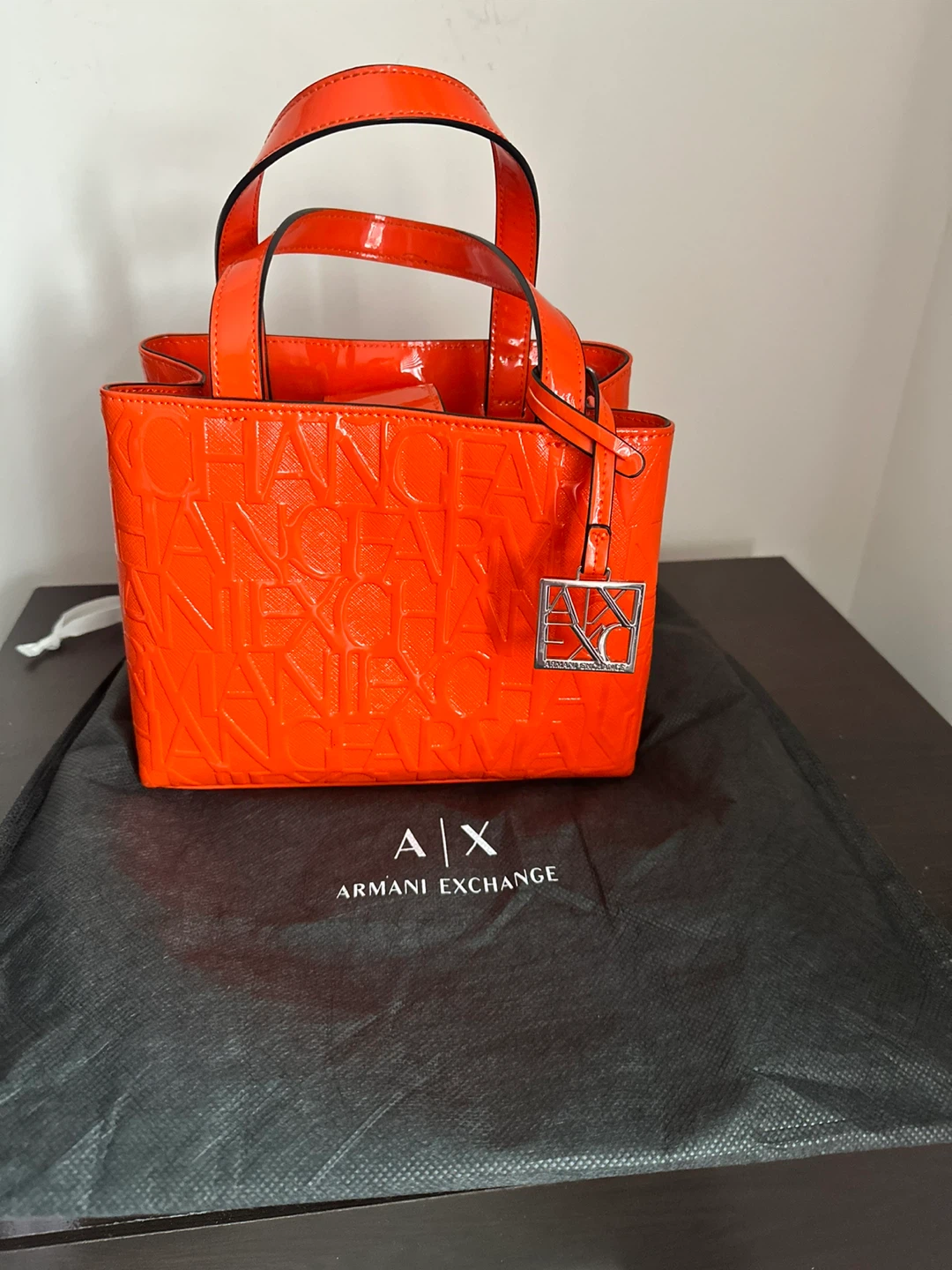 Armani Exchange Orange Patent Tote Bag