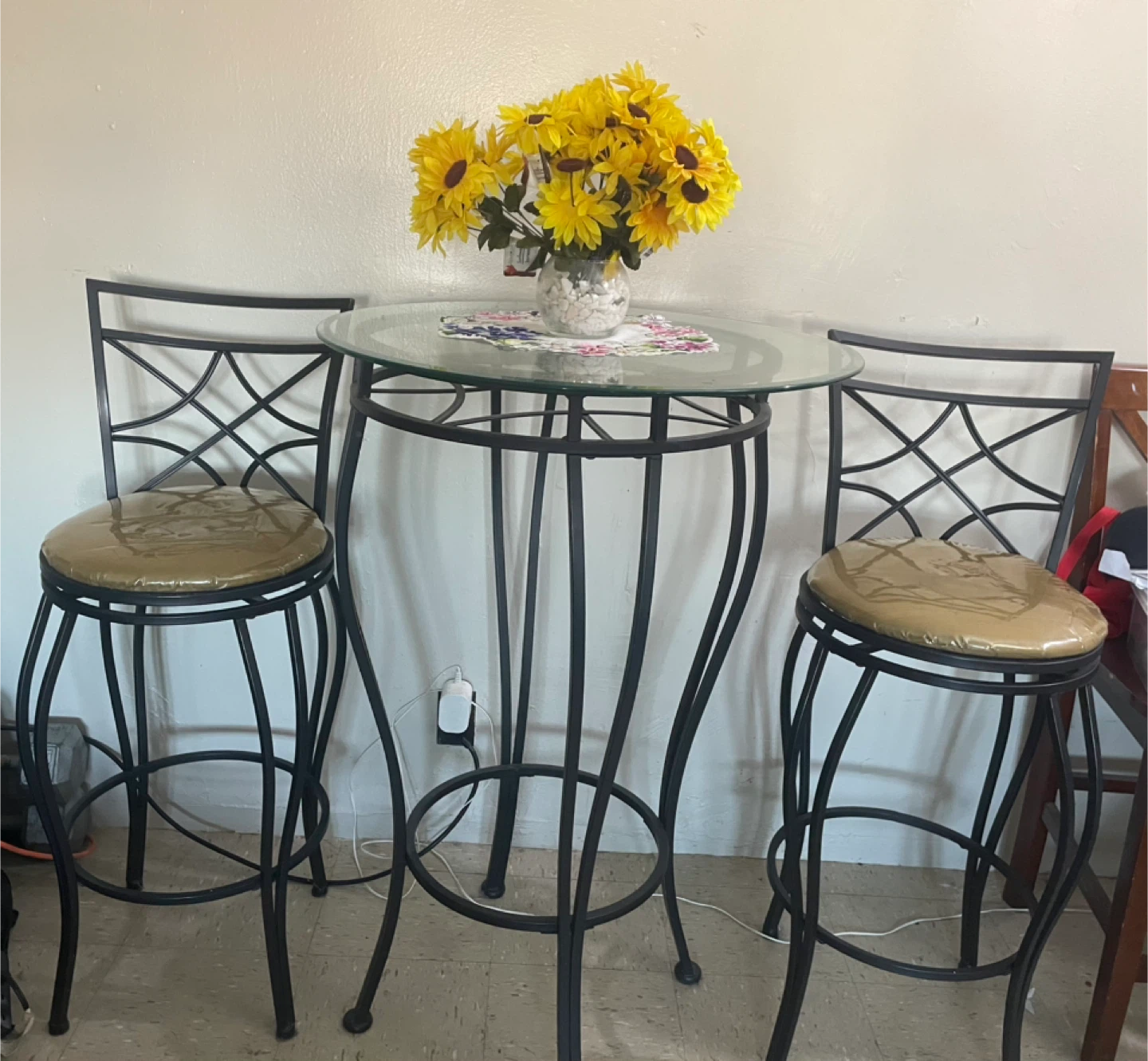 3-Piece Web Bistro with a Glass Table Top and 2 Stools.