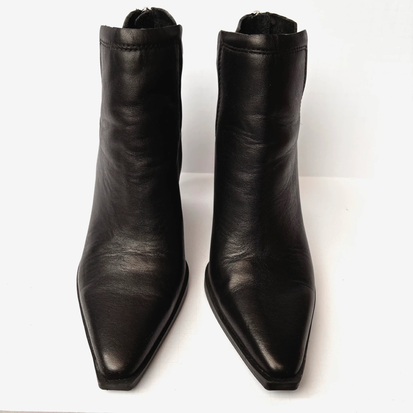 Black Leather Block Heel Ankle Boots