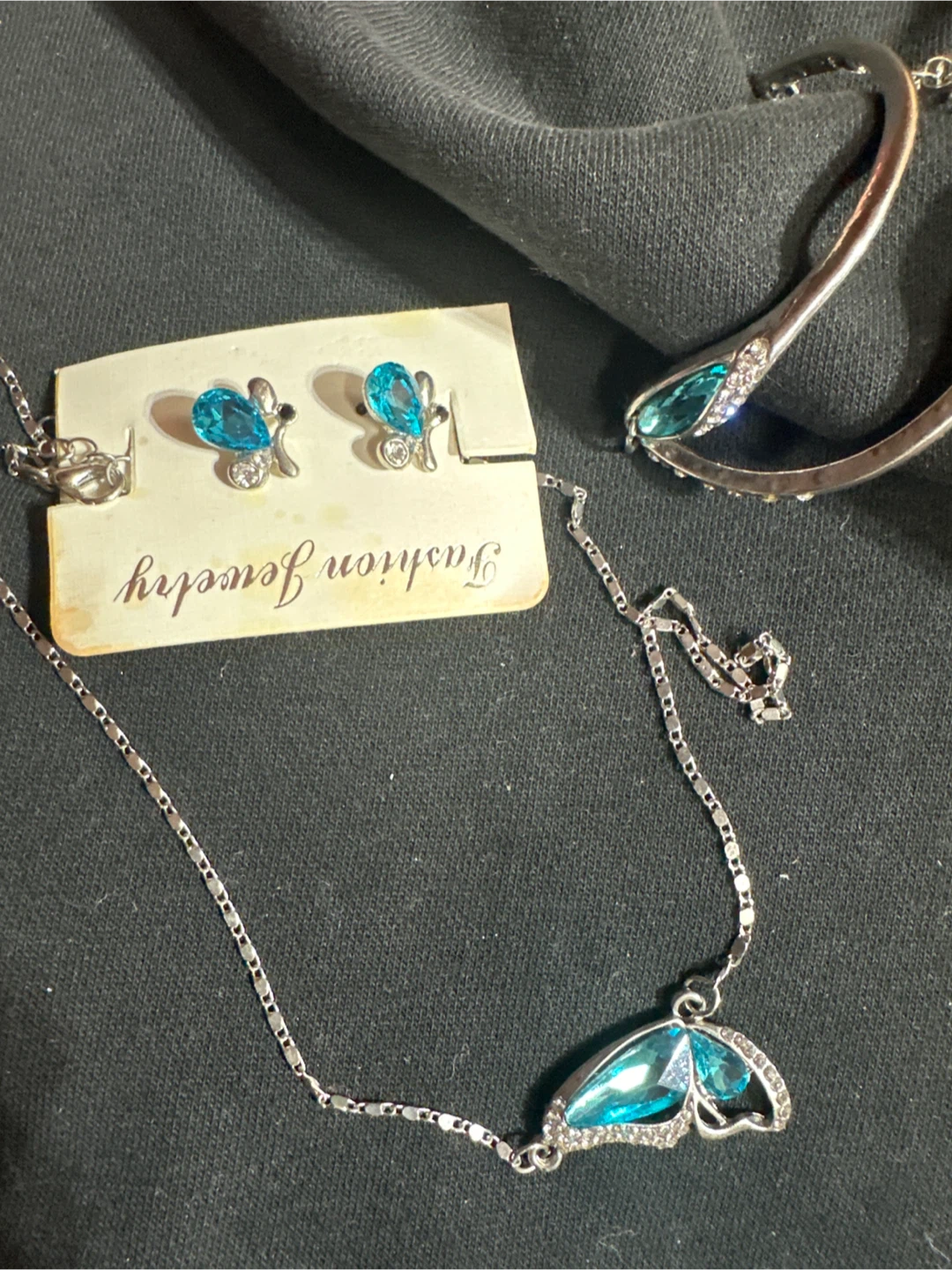 Blue Crystal Butterfly Necklace and Earrings Set