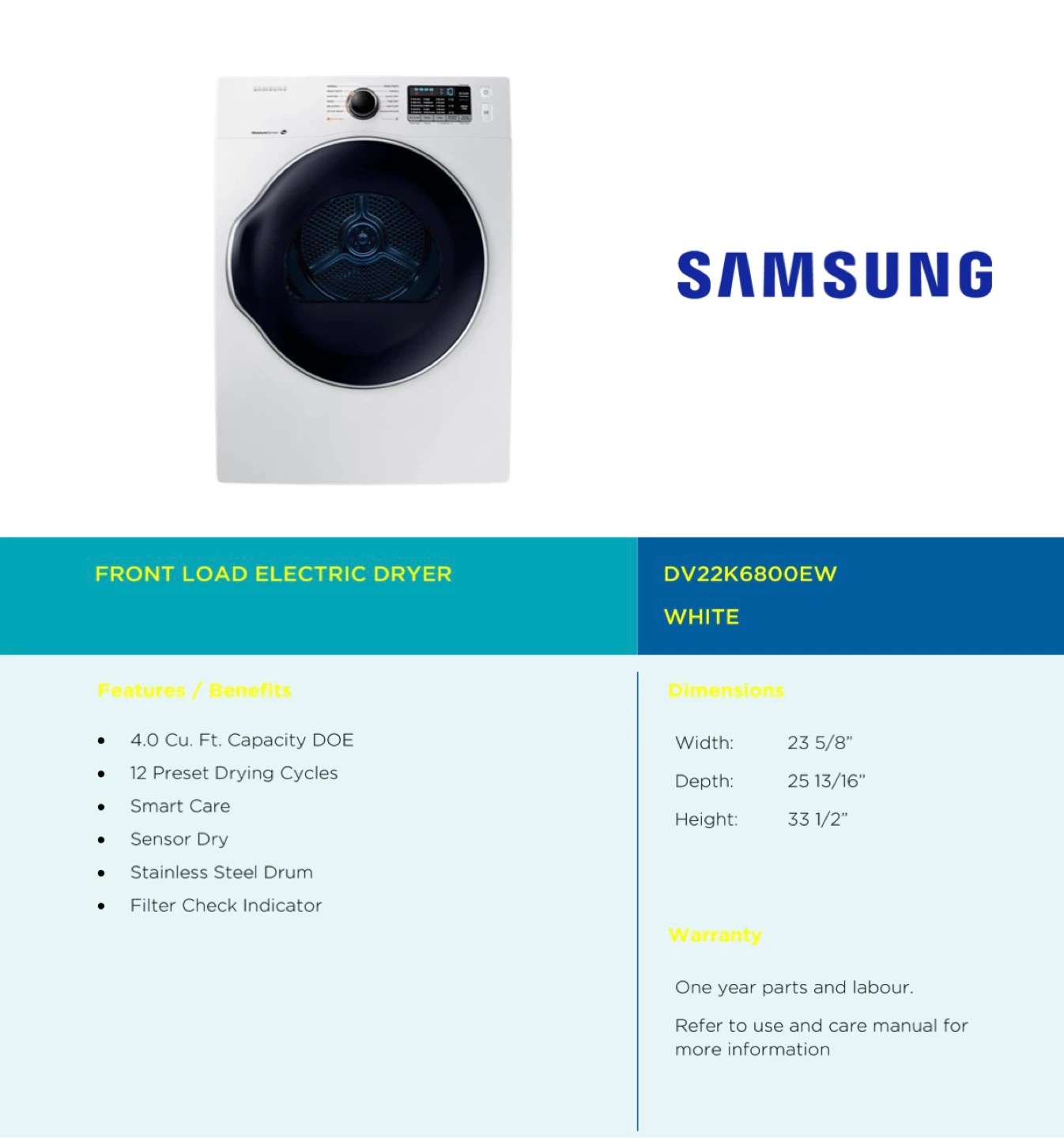 Samsung Front Load Electric Dryer DV22K6800EW - White