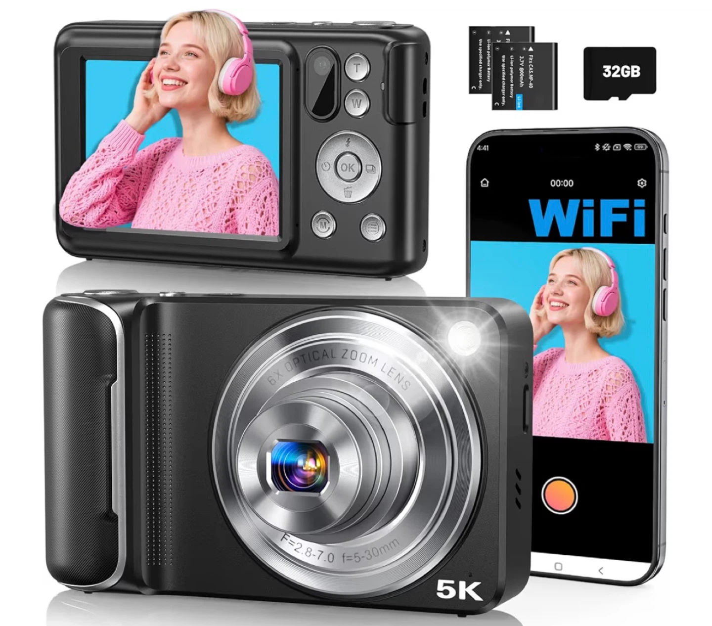 5K Digital Camera with WiFi, 6x Optical Zoom, and 32GB Card