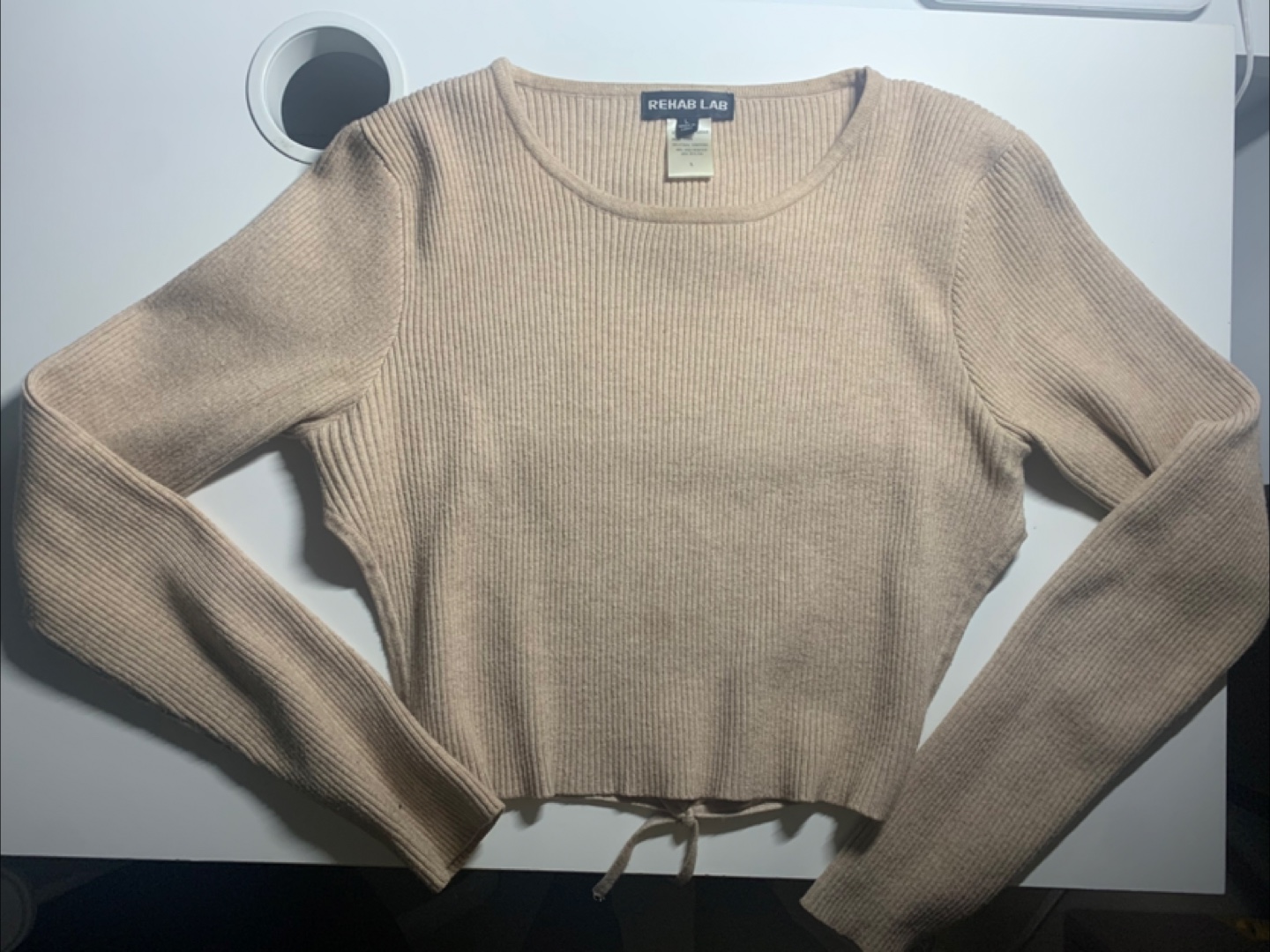 Open back tie: Rehab Lab Beige Ribbed Cropped Sweater 🏆
