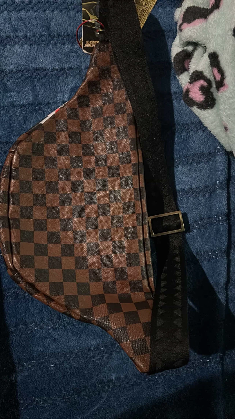 Sprayground Brown Checkerboard Shark Face Fanny Pack