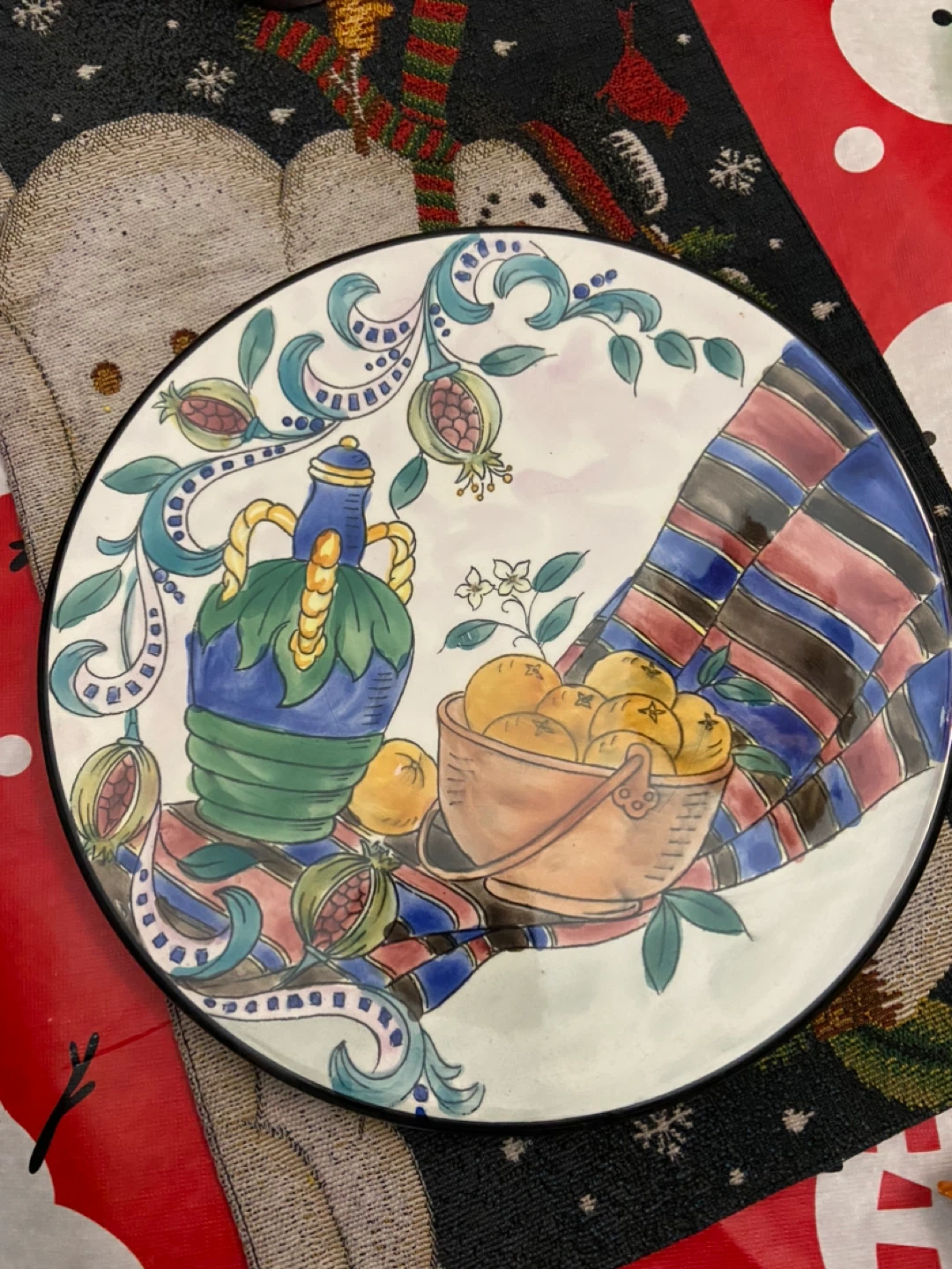 Decorative Plate with Fruit and Vase Design