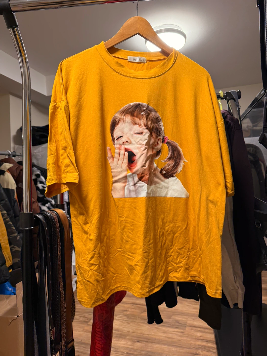 Yellow T-Shirt with Yawning Girl Graphic