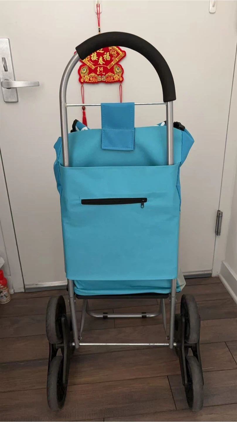 Blue Rolling Shopping Cart with Zippered Pocket