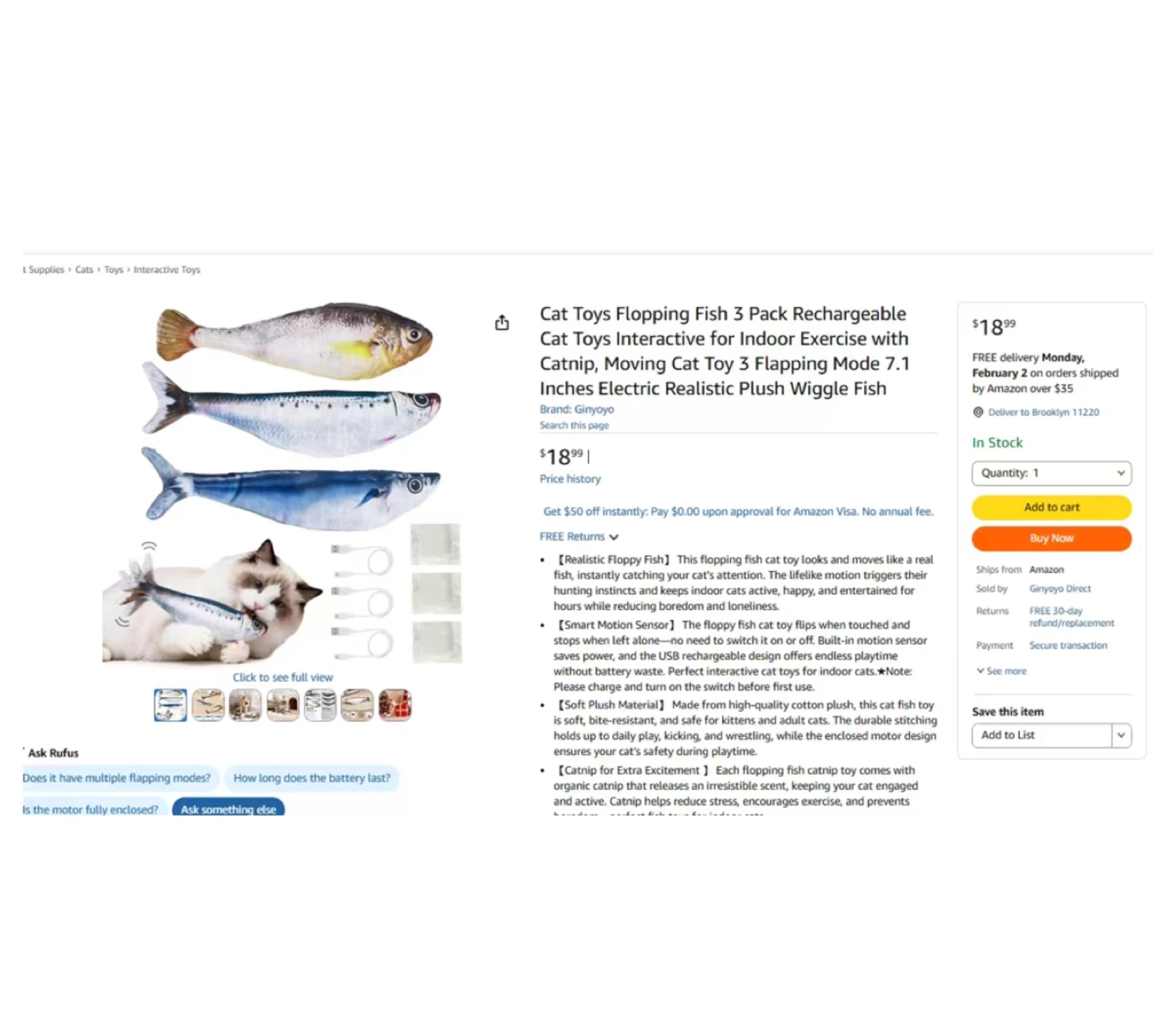 Brand new Cat Toys Flopping Fish 3 Pack Rechargeable
