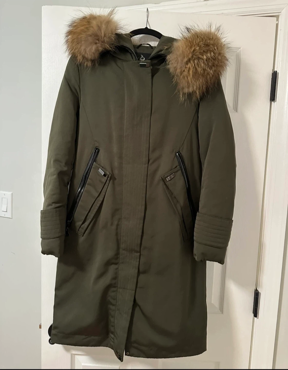 Olive Green Parka Coat with Fur Hood