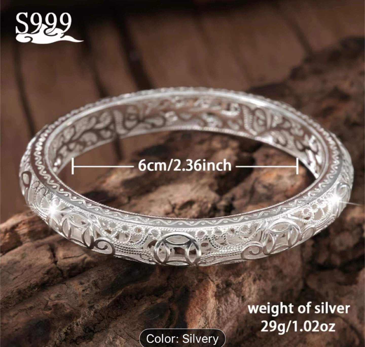 S999 Silver Bangle Bracelet 6cm Diameter - photo 3