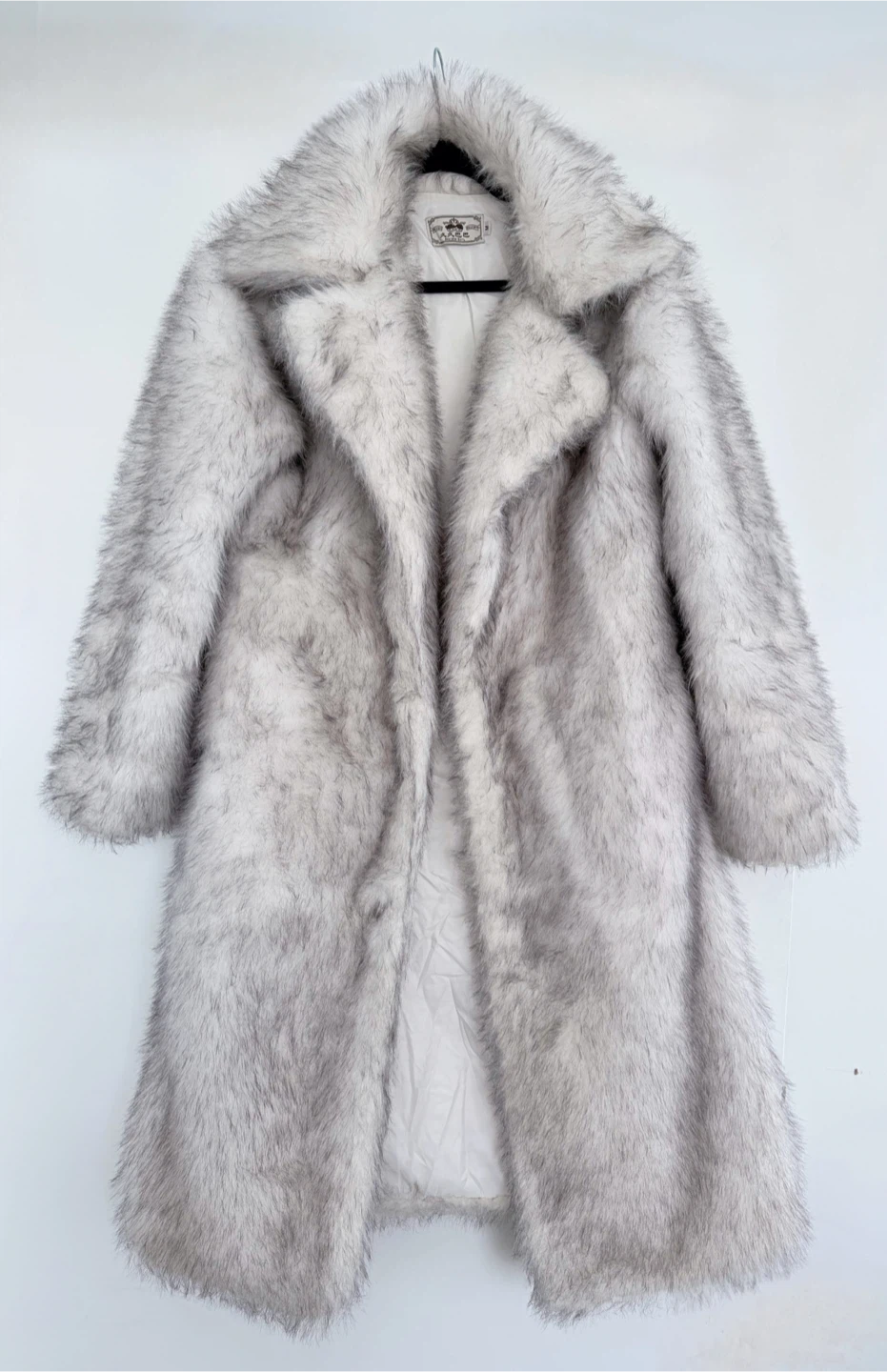 Long Faux Fur Coat, White/Gray, M