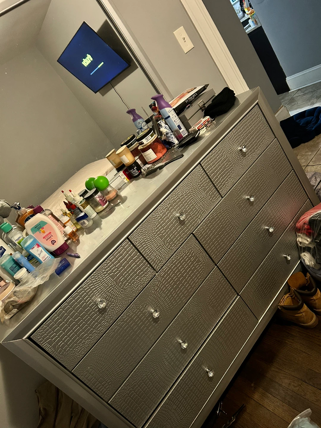 Silver 9- Drawer Dresser with Faux Crocodile Finish