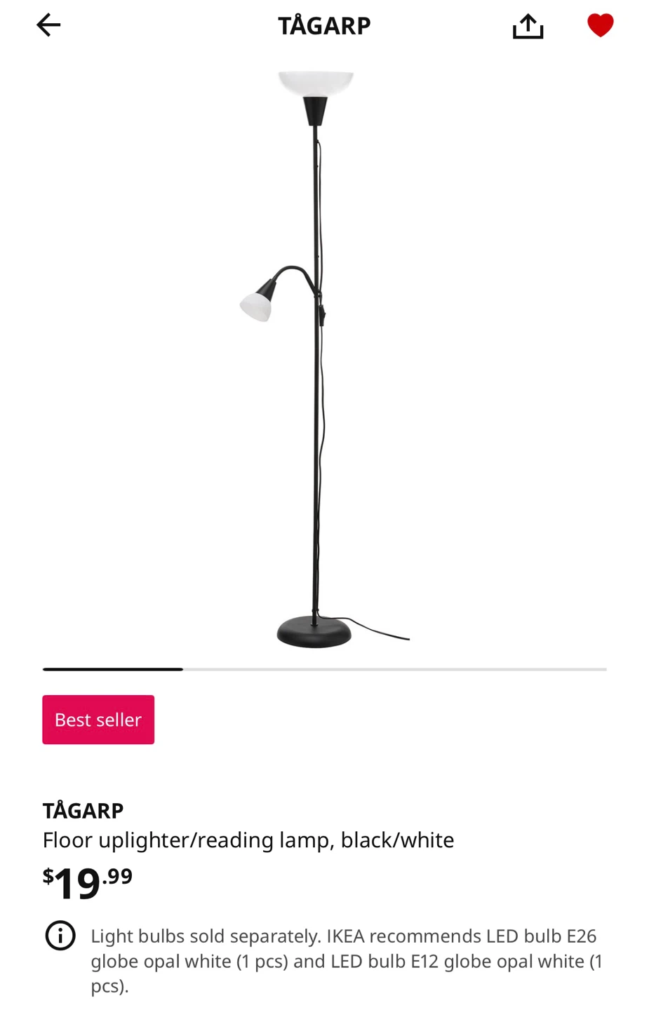IKEA TÄGARP Floor Uplighter/Reading Lamp - Black/White