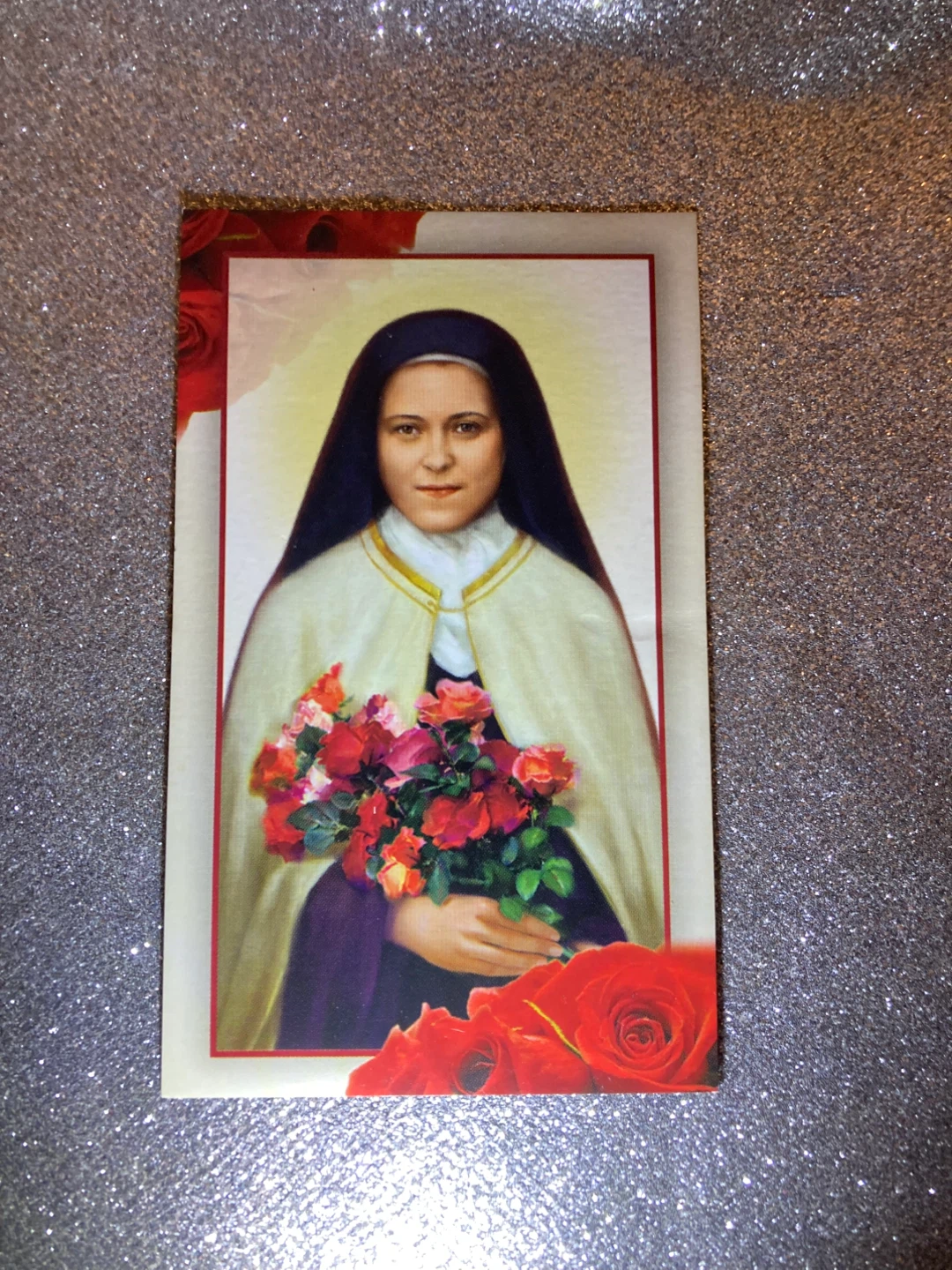 Saint Therese of Lisieux Holy Card with Roses