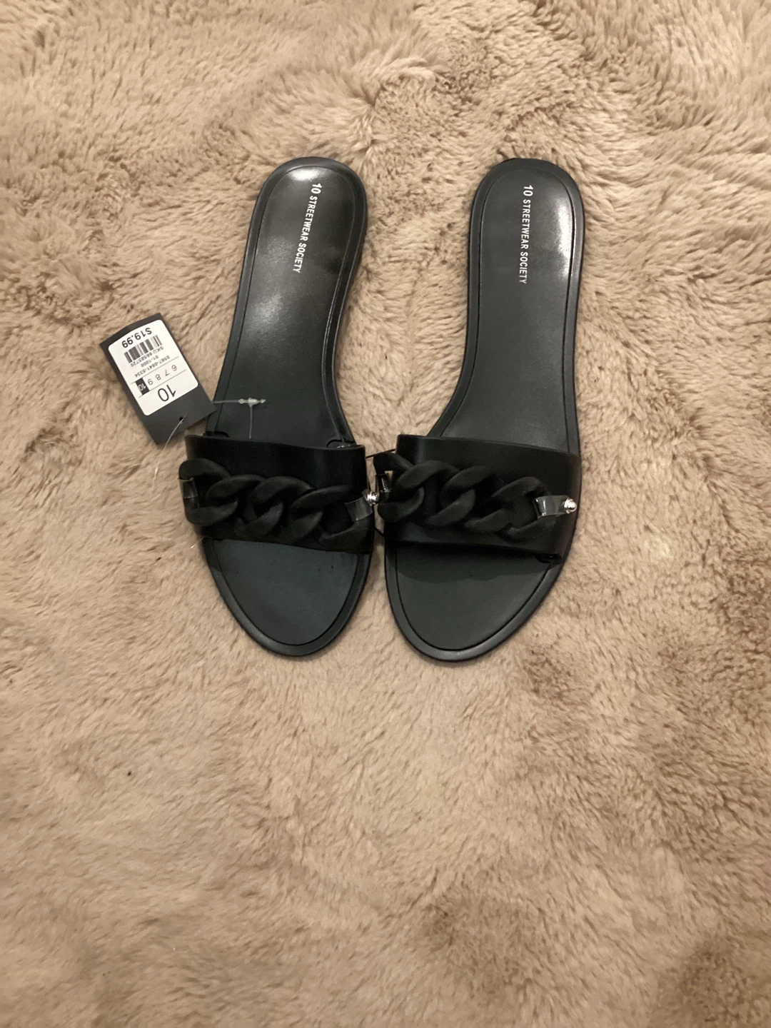 Black Chain Detail Slide Sandals - Size 10