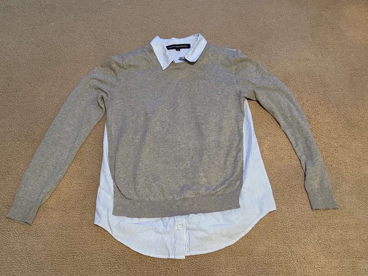French Connection Grey Sweater with Blue Stripe Shirt Back