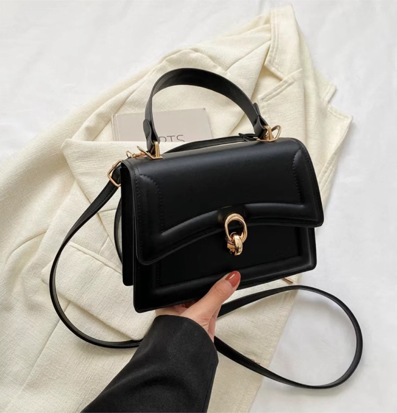New ! Black Handbag with Gold Clasp