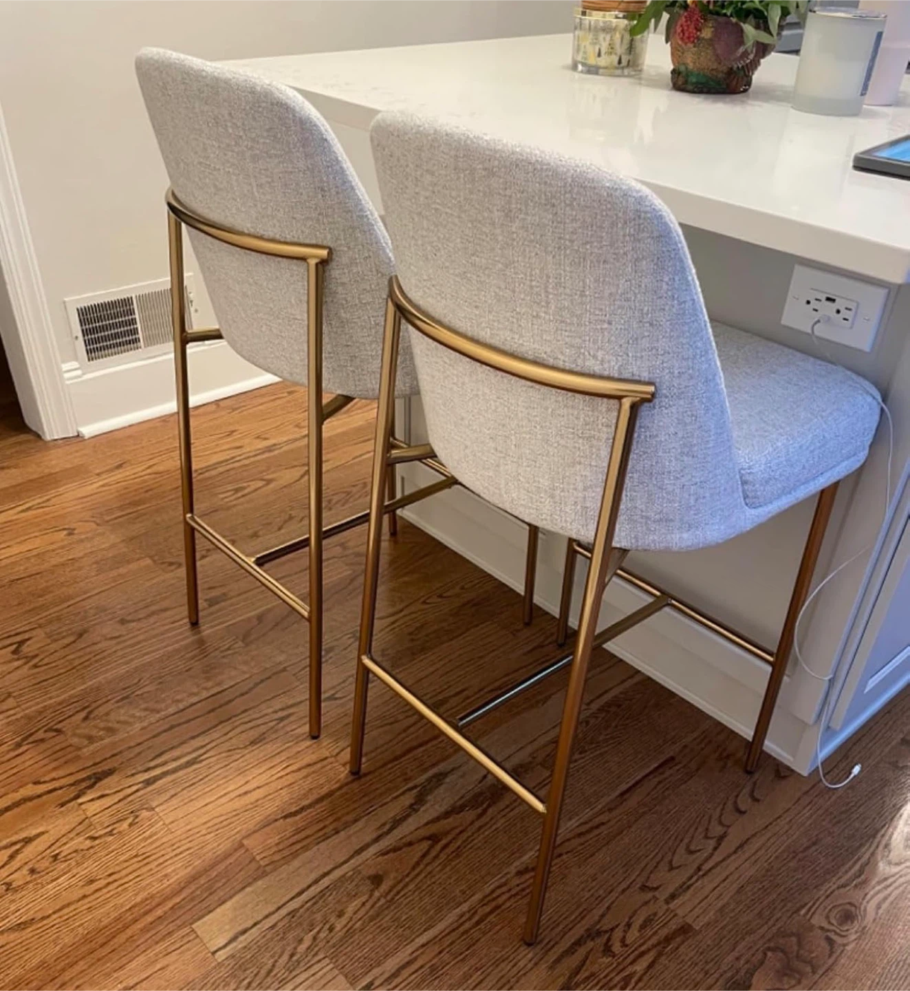 Brand New Set of 2 Grey Fabric Bar Stools with Gold Legs