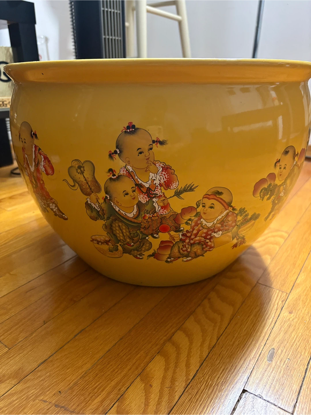 Yellow Ceramic Planter Pot with Children Design