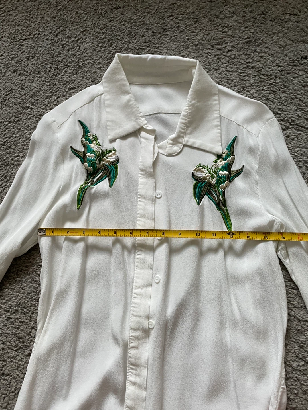 White Long Sleeve Button-Up Shirt with Floral Embroidery - photo 3