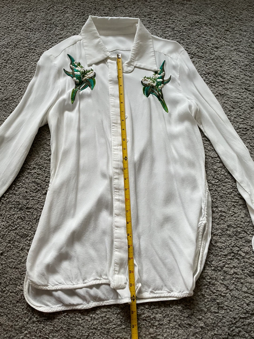 White Long Sleeve Button-Up Shirt with Floral Embroidery - photo 2