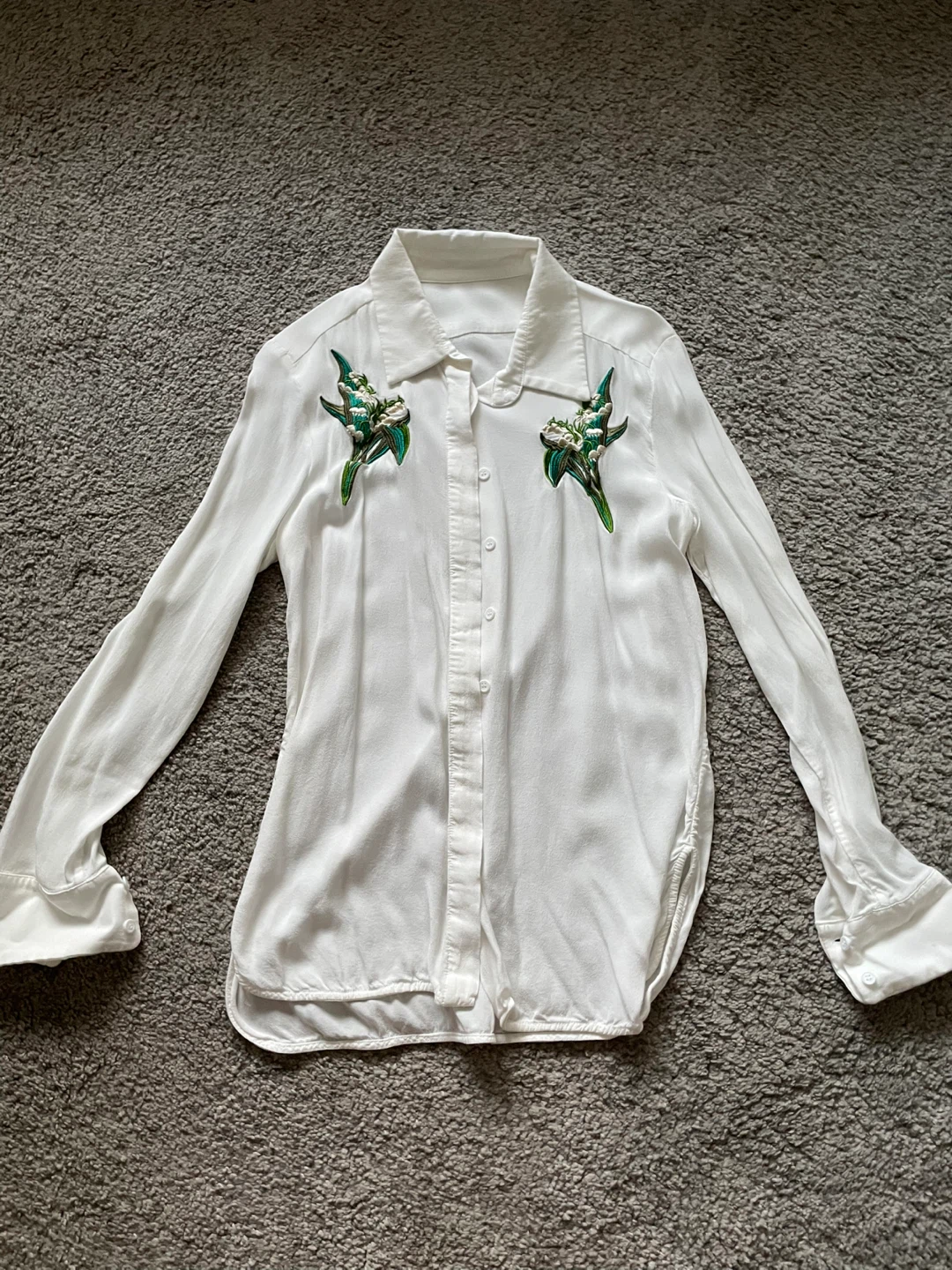 White Long Sleeve Button-Up Shirt with Floral Embroidery