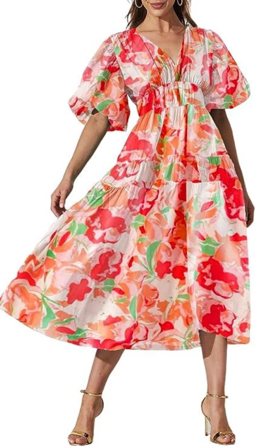 NEW! Sissyaki Boho Floral Smocked Flowy Maxi Dress